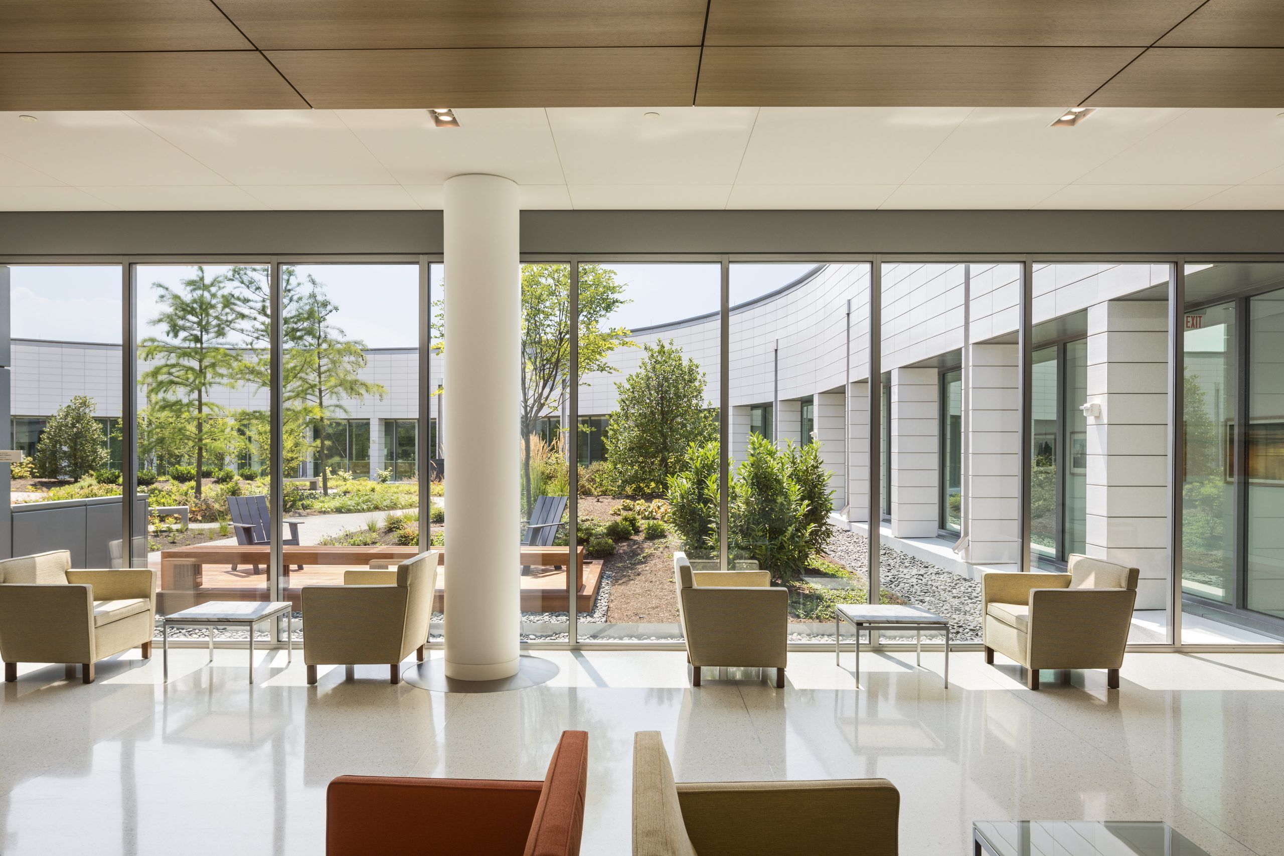 Seating area with views of the exterior of Ann B Barshinger Cancer Institute