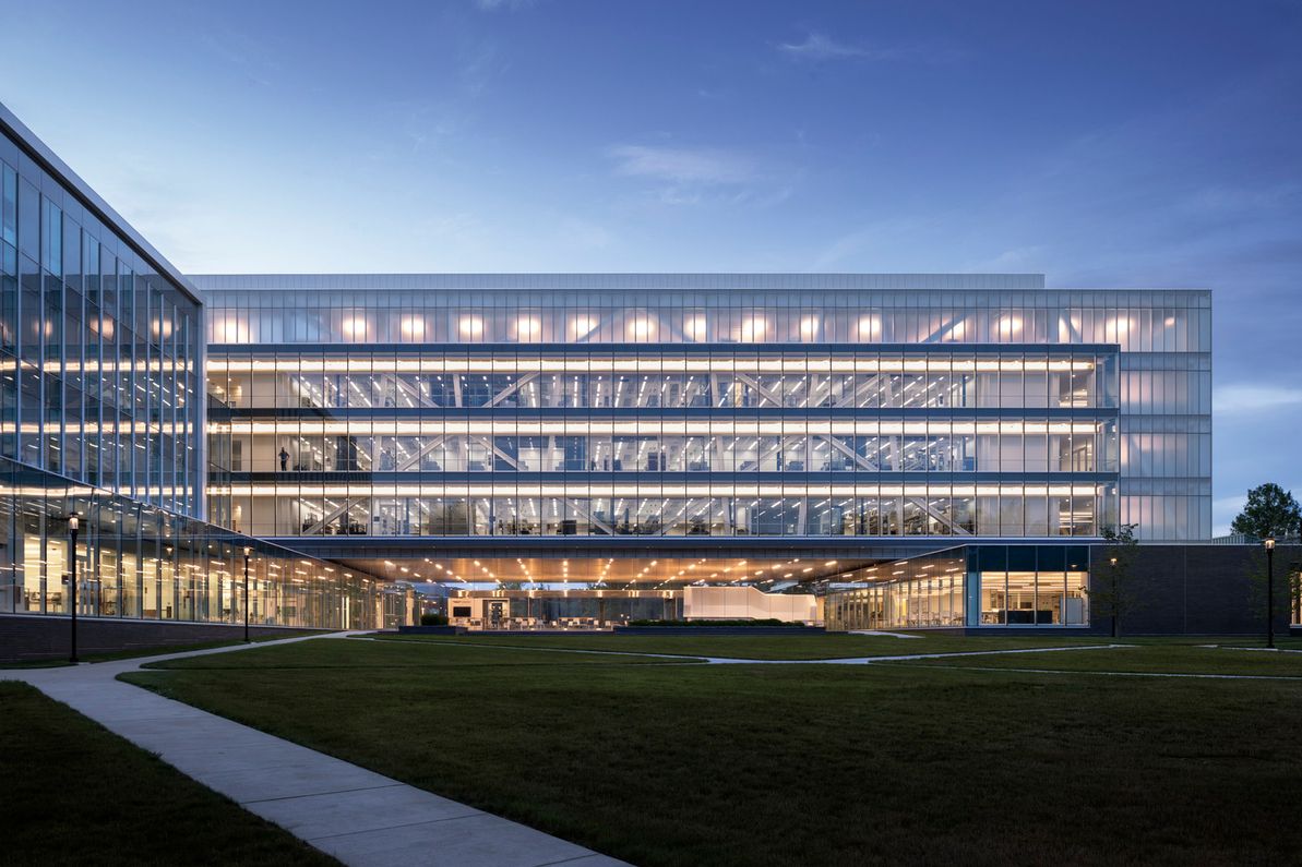 Exterior of University of Rhode Island College of Engineering at dusk