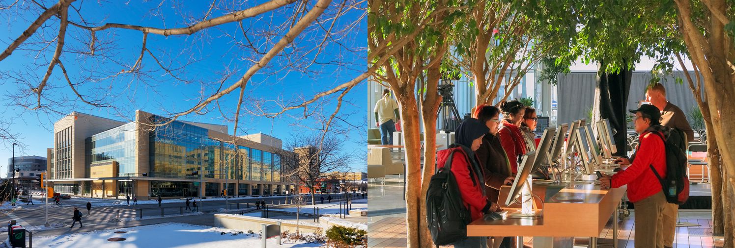 Left: exterior of University of Wisconsin-Madison; Right: group of people using a computer station surrounded by trees