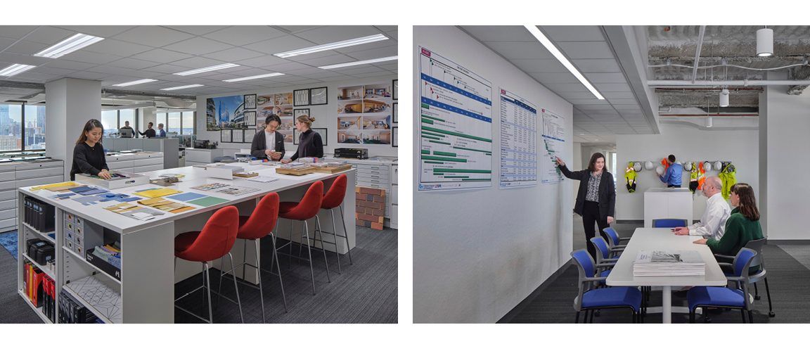 Left: People exploring materials library; Right: meeting being conducted