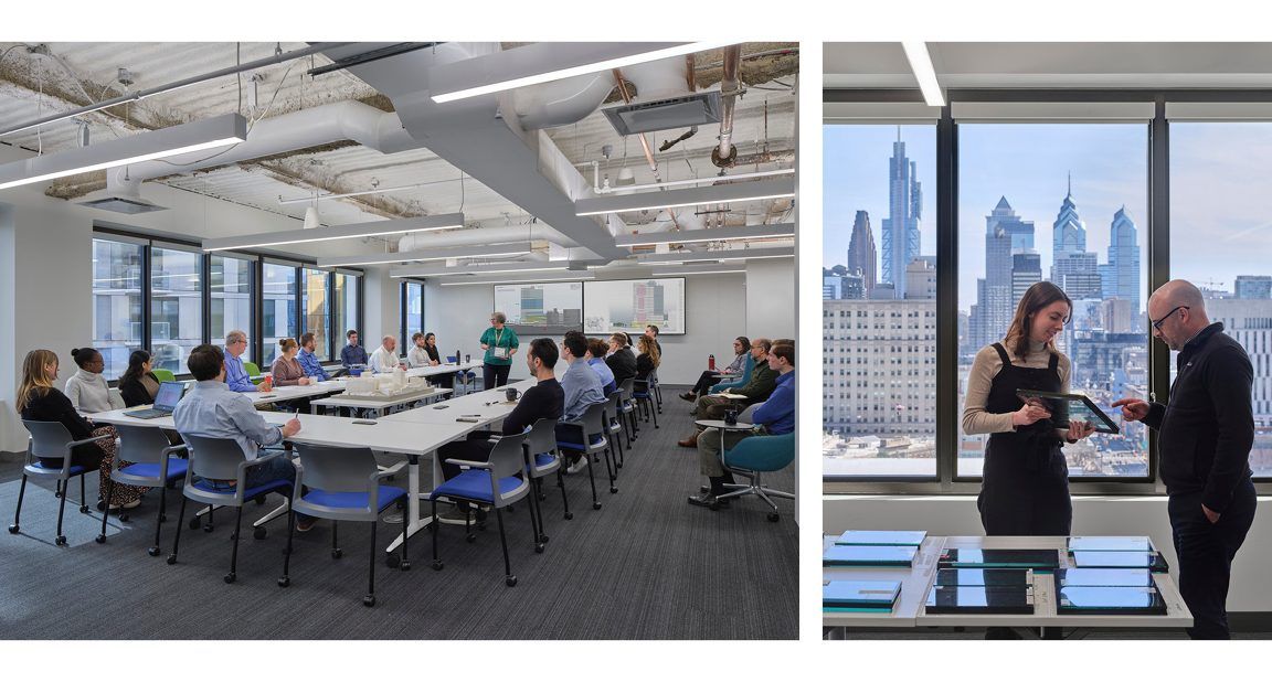 Left: meeting being conducted; Right: People looking at glass materials