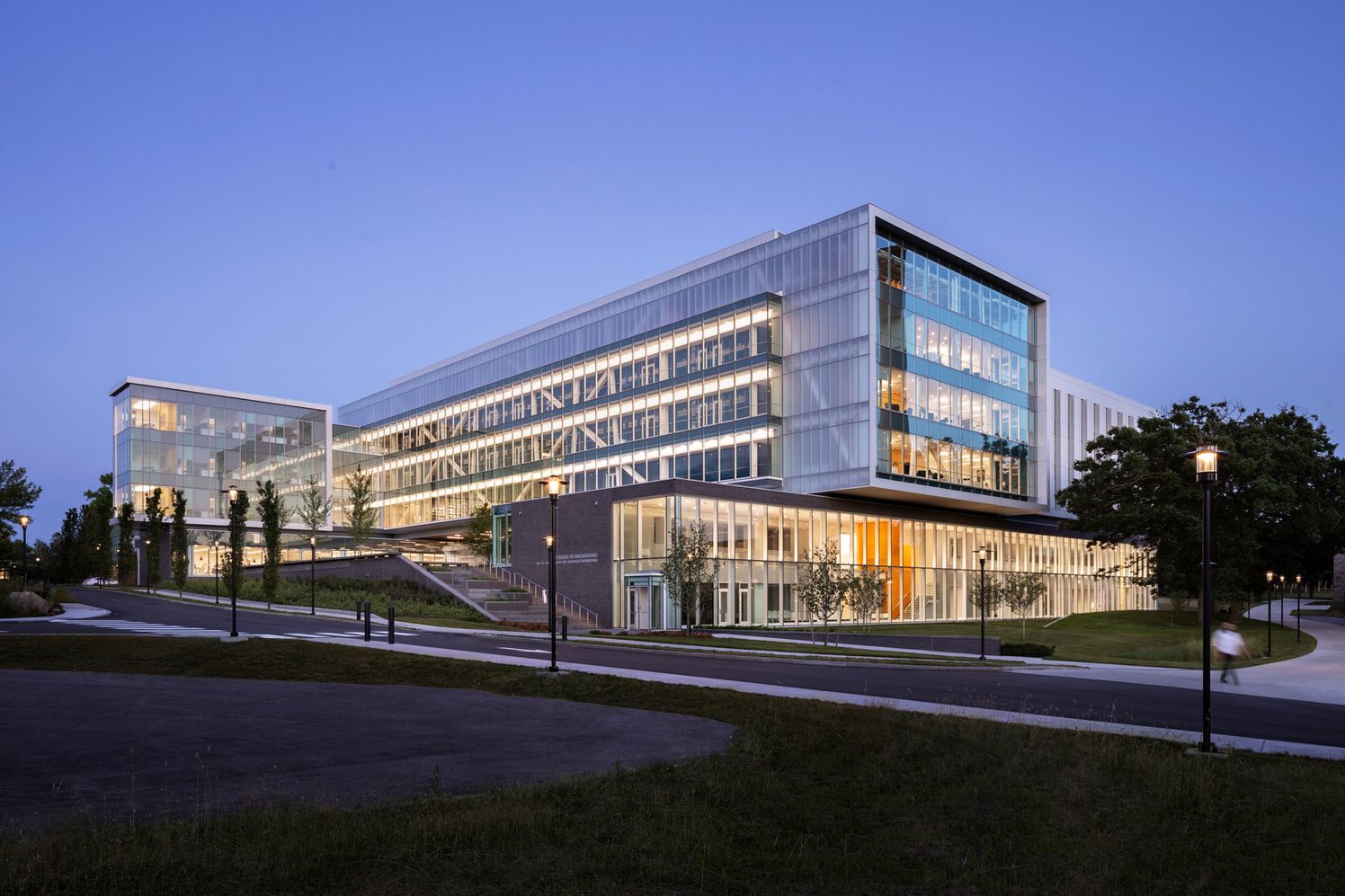 Exterior of Fascitelli Center for Advanced Engineering at University of Rhode Island at dusk