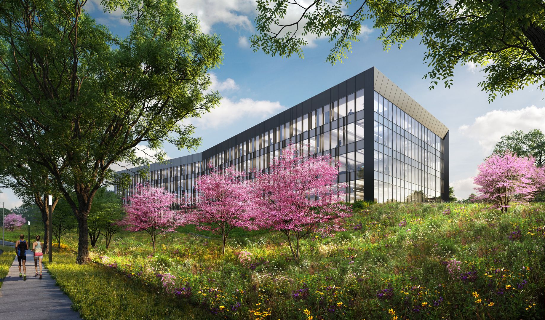 Architectural rendering of landscaping outside 155 Radnor office building