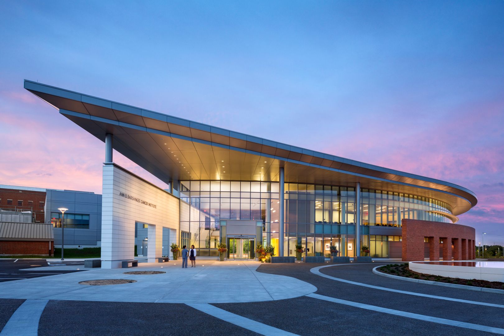 Exterior shot of Ann B Barshinger Cancer Institute at dusk