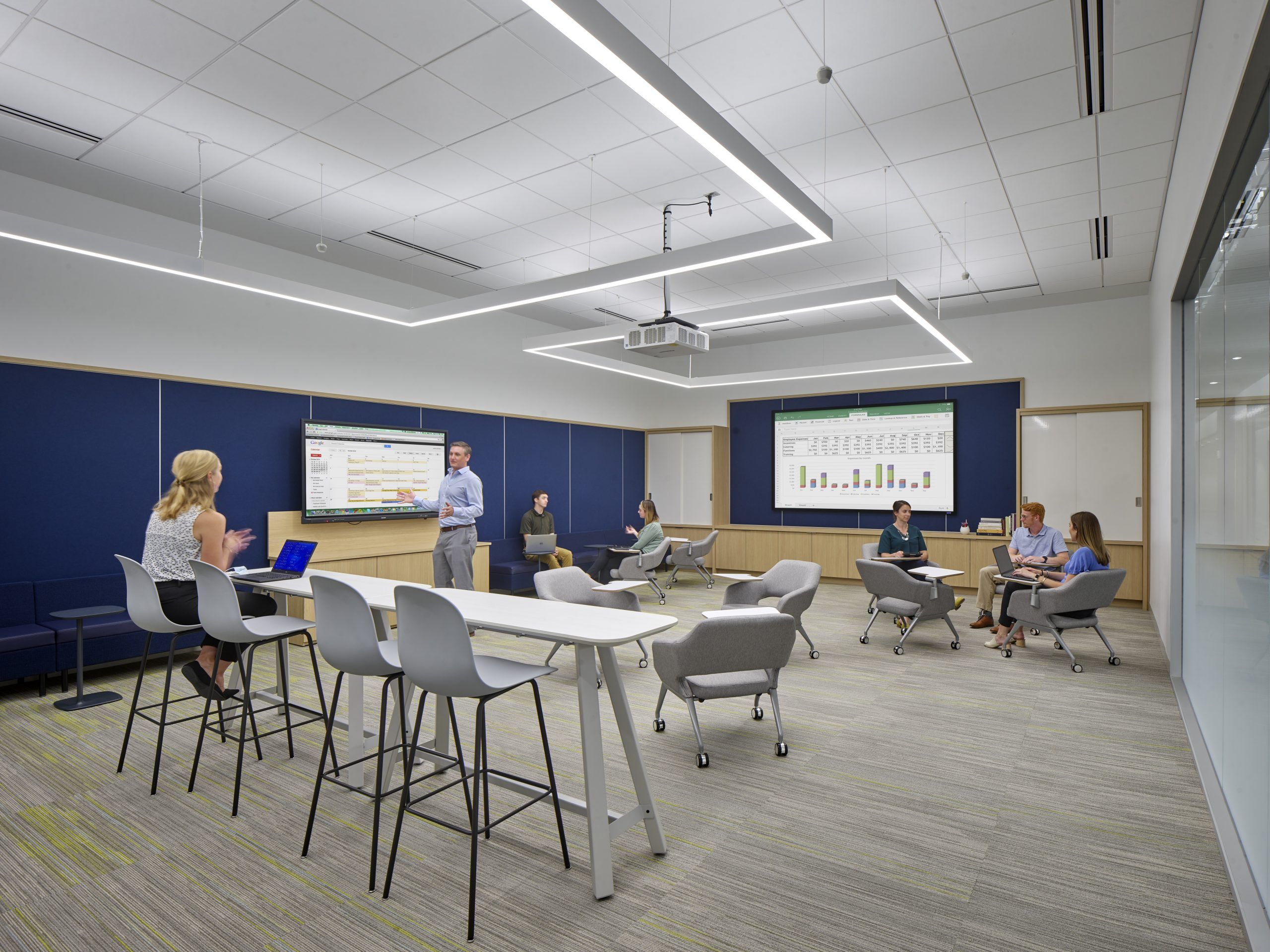 View from inside an engagement space with different places to work