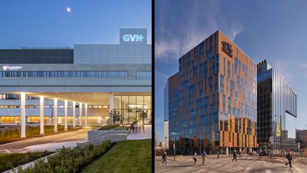 Left: exterior view of Grand View Hospital; Right: exterior view of Drexel University's Health Sciences Building
