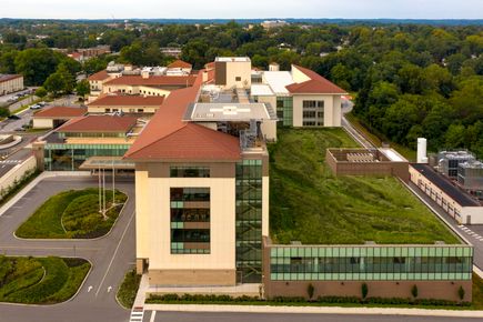 Birds-eye view of Chester County Hospital and rooftop garden