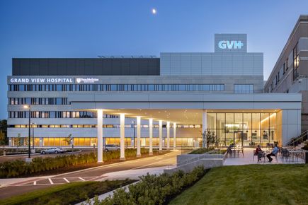 Exterior of Grand View Hospital at dusk