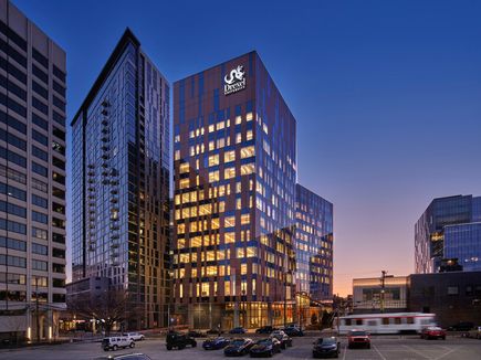 Exterior of Drexel University Health Science Building at dusk