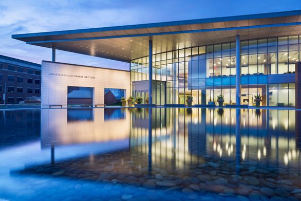 A view from the reflection pond at the new Ann B Barshinger Cancer Institute