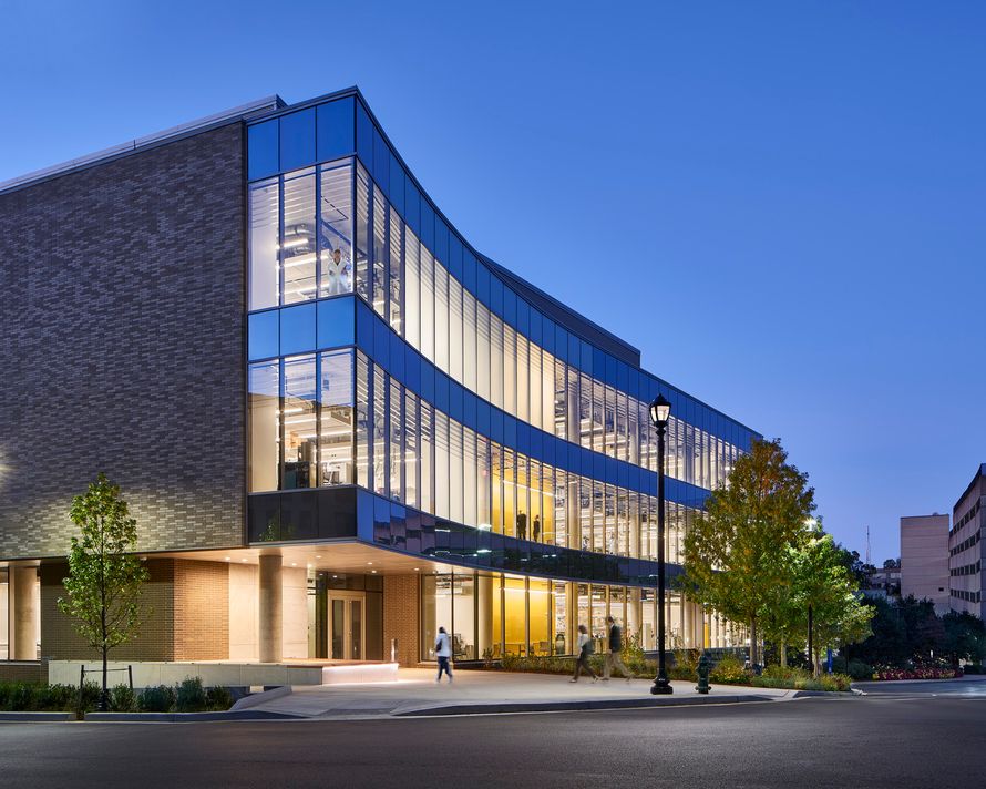 Exterior of American University building at dusk