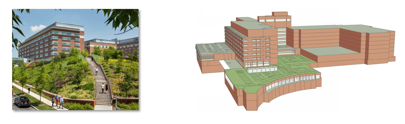 Exterior photo and rendering of University of Michigan Kraus building